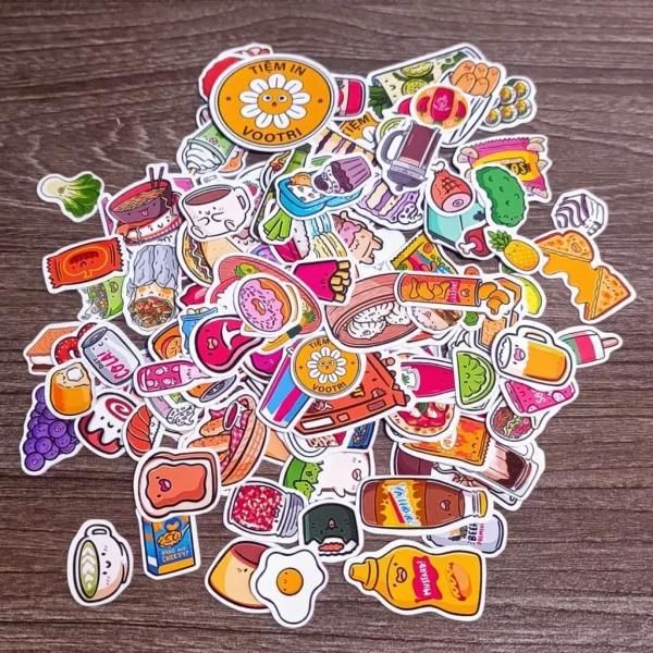Set 140 sticker chống nước đồ ăn đồ uống phong cách hoạt hình chibi dễ thương chống nước dán mũ, ốp, laptop, cốc